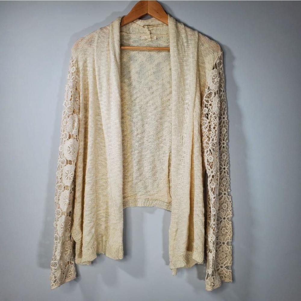 Mystree Open Front Floral Sleeve Knit Cardigan Tan Size Large - Picture 7 of 7